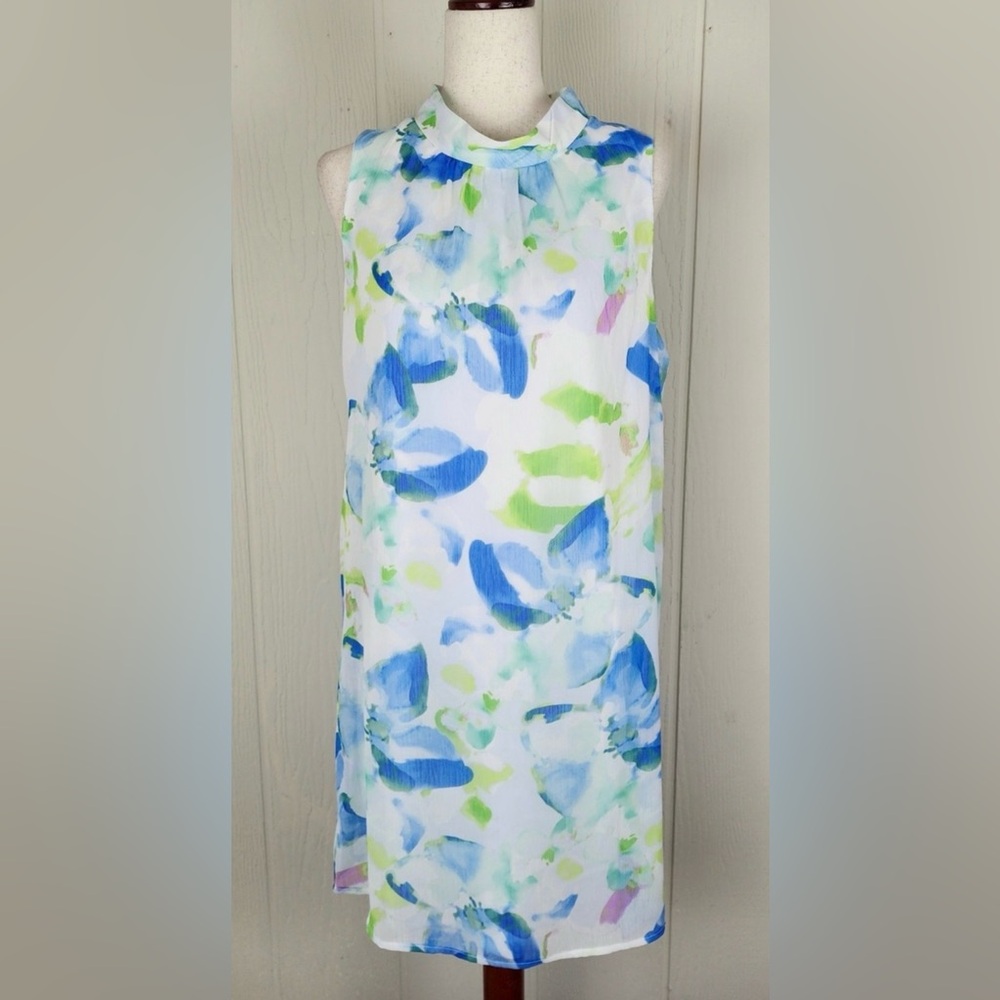 DKNY White Dress with Blue and Green Watercolor Floral Print